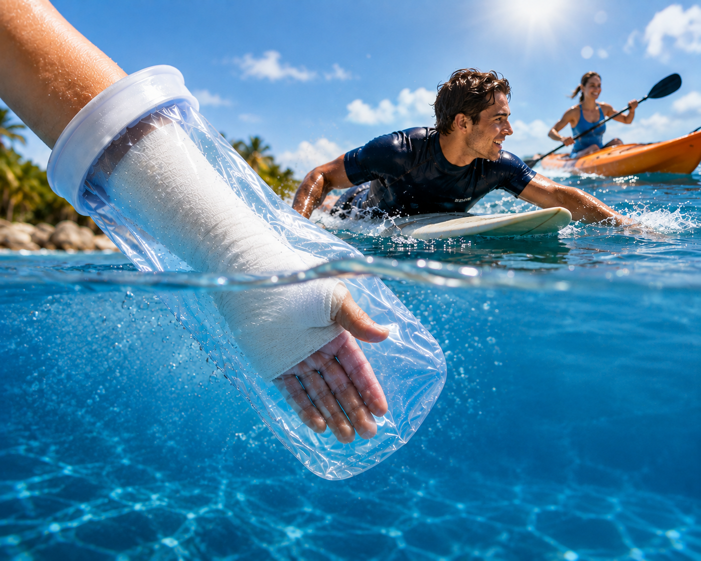 Can I participate in water sports or activities with my cast or bandage on?