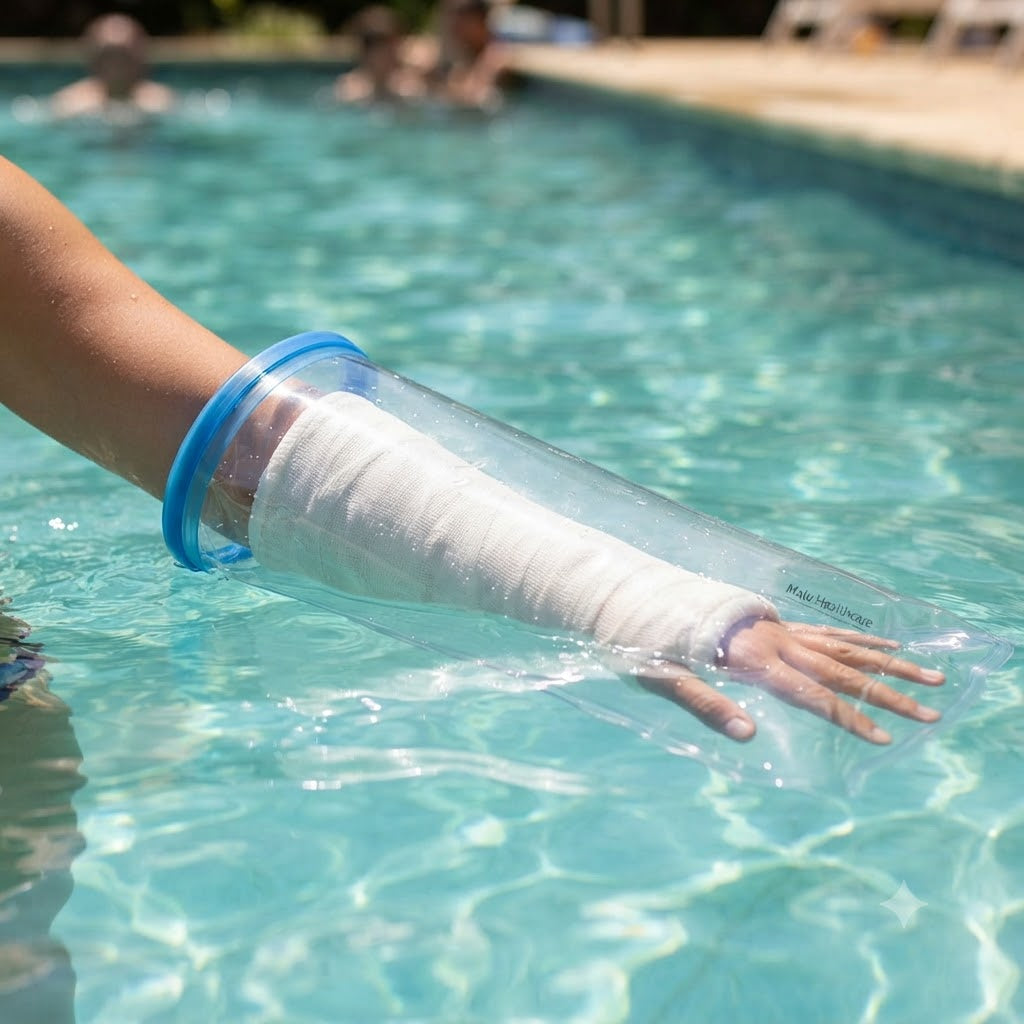 How can I ensure proper hygiene and cleanliness while keeping my cast or bandage dry during water-related activities?